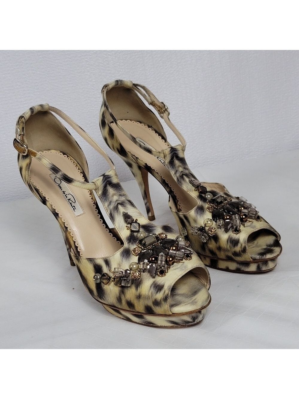 Oscar De La Renta Crystal Embellished Animal Print Platform Sandals 40 - Picture 2 of 14